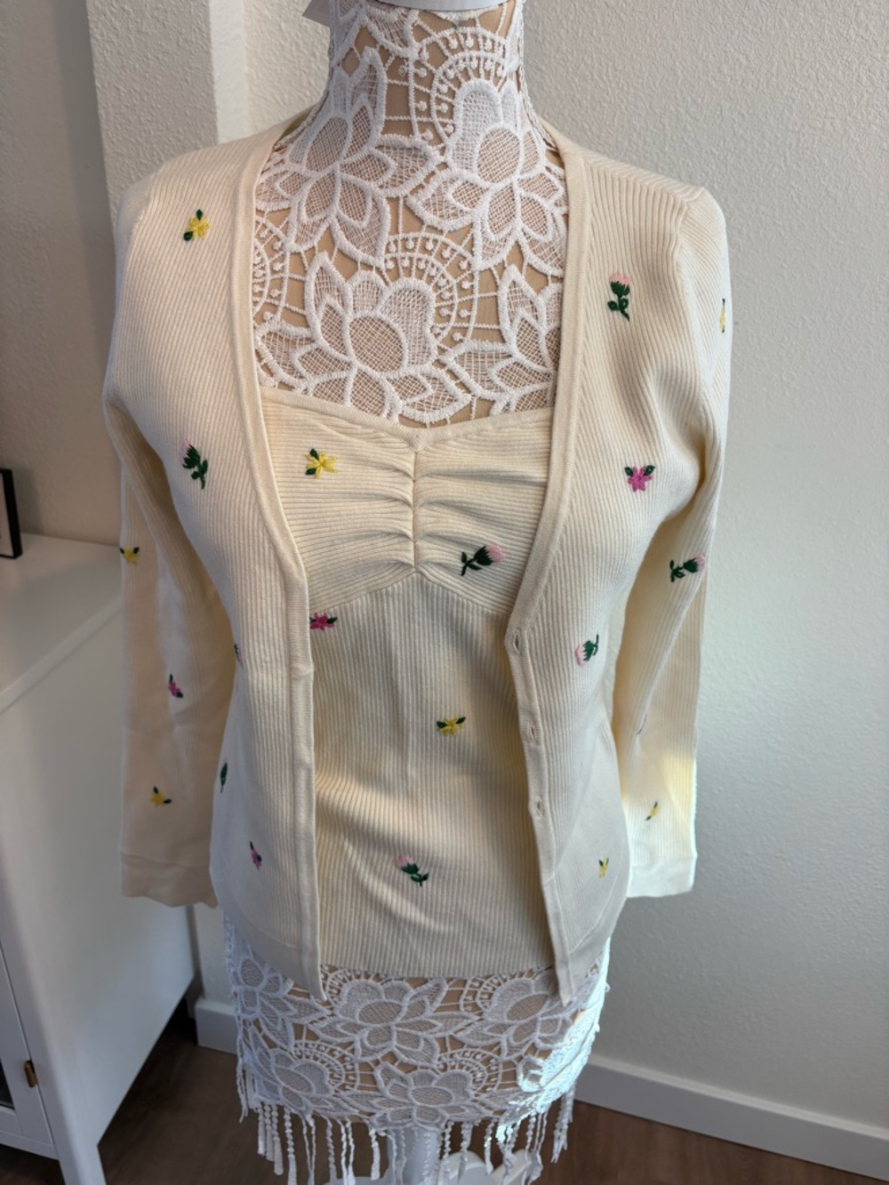 Favorite Daughter Cream Ribbed Cardigan & Tank with Pink Yellow Green Embroidery